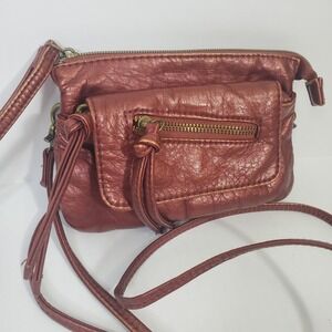 Mossimo Small Crossbody Purse Bronze Metallic Burgundy Multipocket Faux Leather
